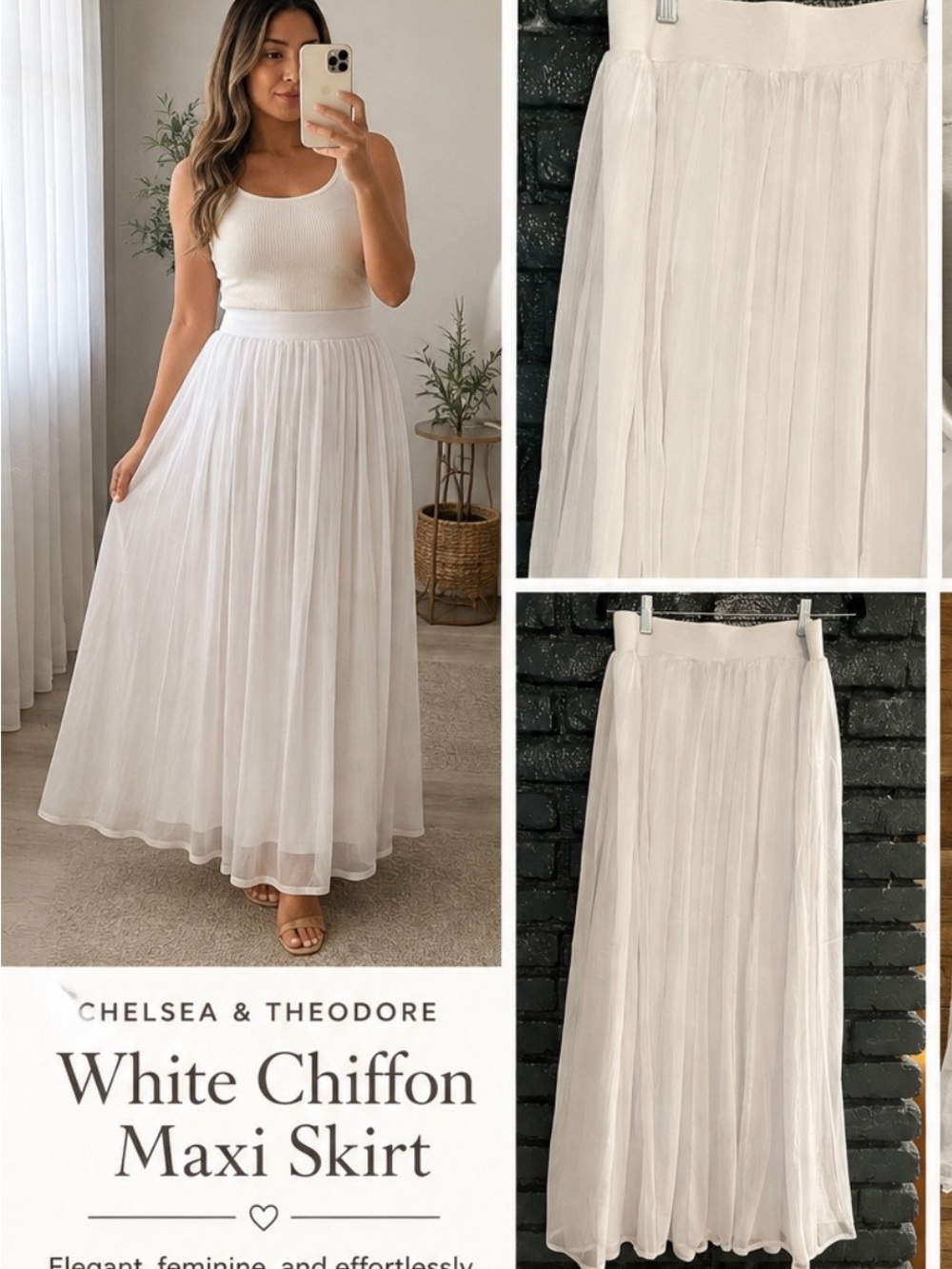 Chelsea & Theodore Ivory White Chiffon Pleated Maxi Skirt